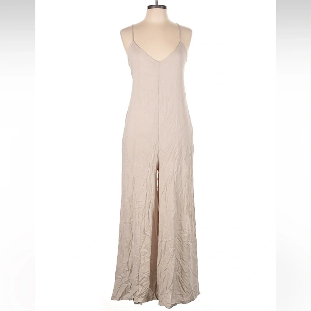 NWT Heatwave Beige Wide-Leg Swim Cover-Up Jumpsuit Size L open back v neck - Picture 4 of 14